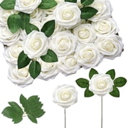 Artificial Flowers 25pcs Real Looking Fake Roses with Stem for DIY Wedding Bouquets Arrangements Party Christmas Tree Decorations.