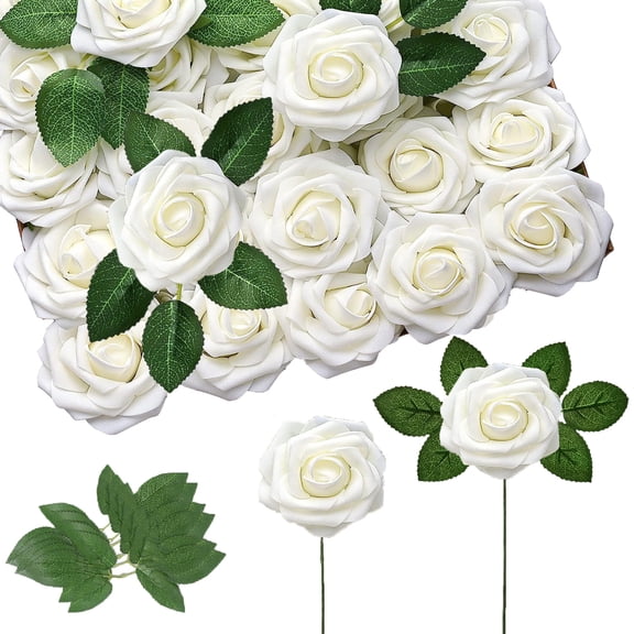 Artificial Flowers 25pcs Real Looking Fake Roses with Stem for DIY Wedding Bouquets Arrangements Party Christmas Tree Decorations.