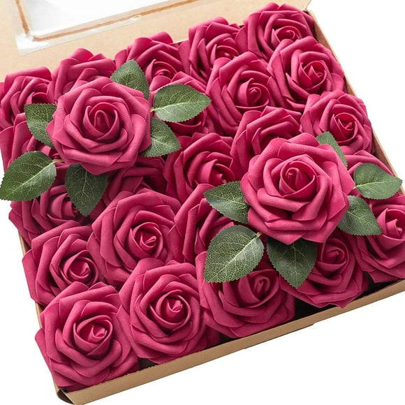 Artificial Flowers 25pcs Real Looking Fuchsia Foam Fake Roses with Stems for DIY Wedding Bouquets Bridal Shower Centerpieces Floral Arrangements Party Tables Home Decorations