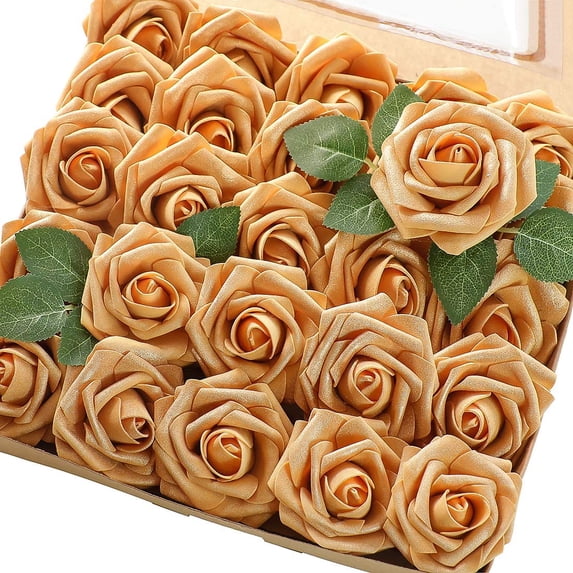 Artificial Flowers 25pcs Real Looking Gold Foam Fake Roses with Stems ...