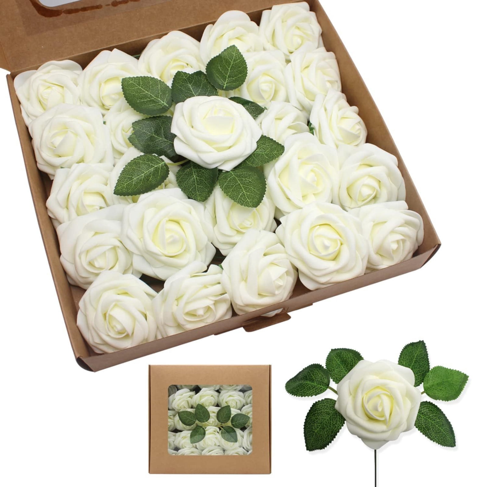 Artificial Flowers 25pcs Real Looking Ivory Foam Fake Roses with Stems ...