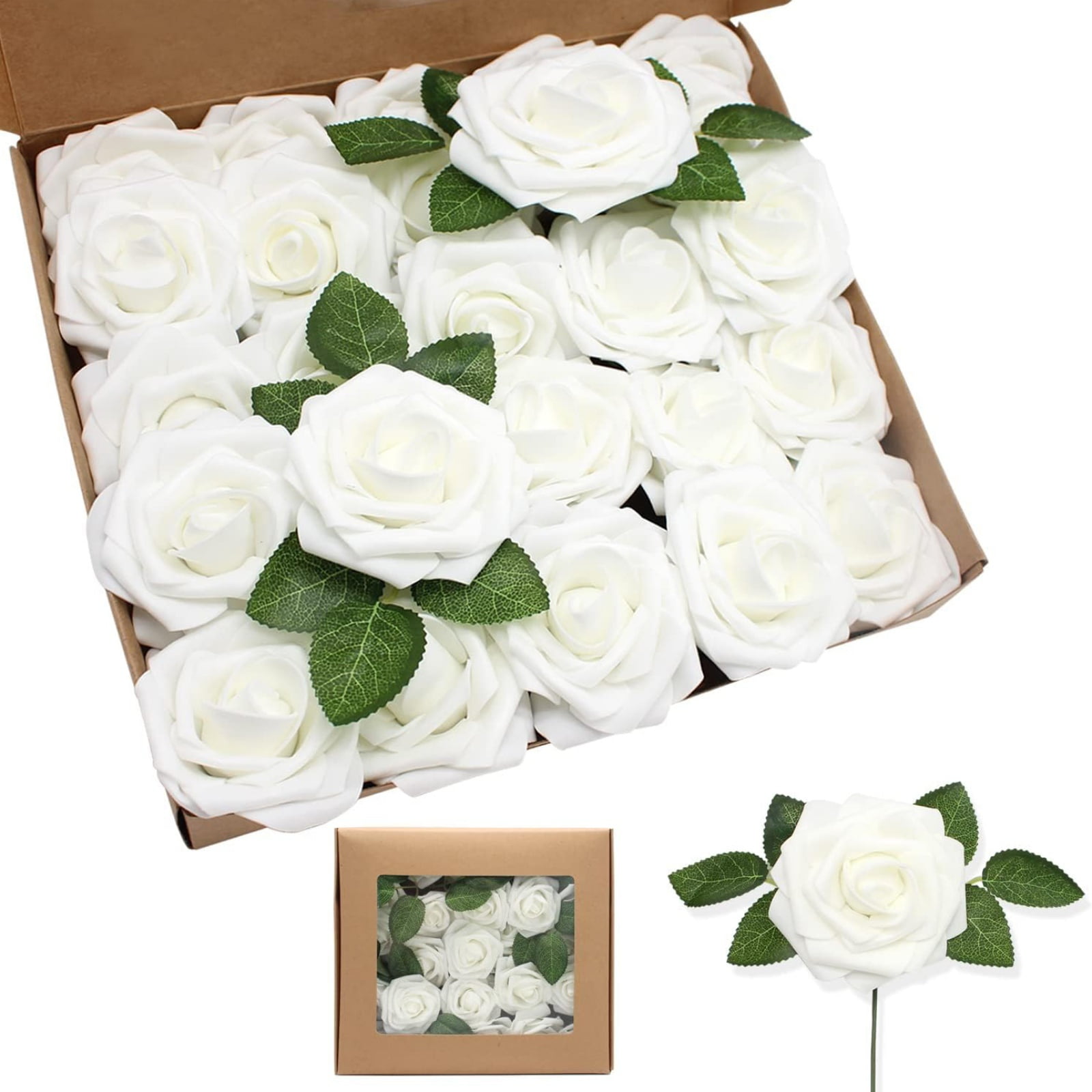 Artificial Flowers 25pcs Real Looking Ivory Foam Fake Roses with Stems ...