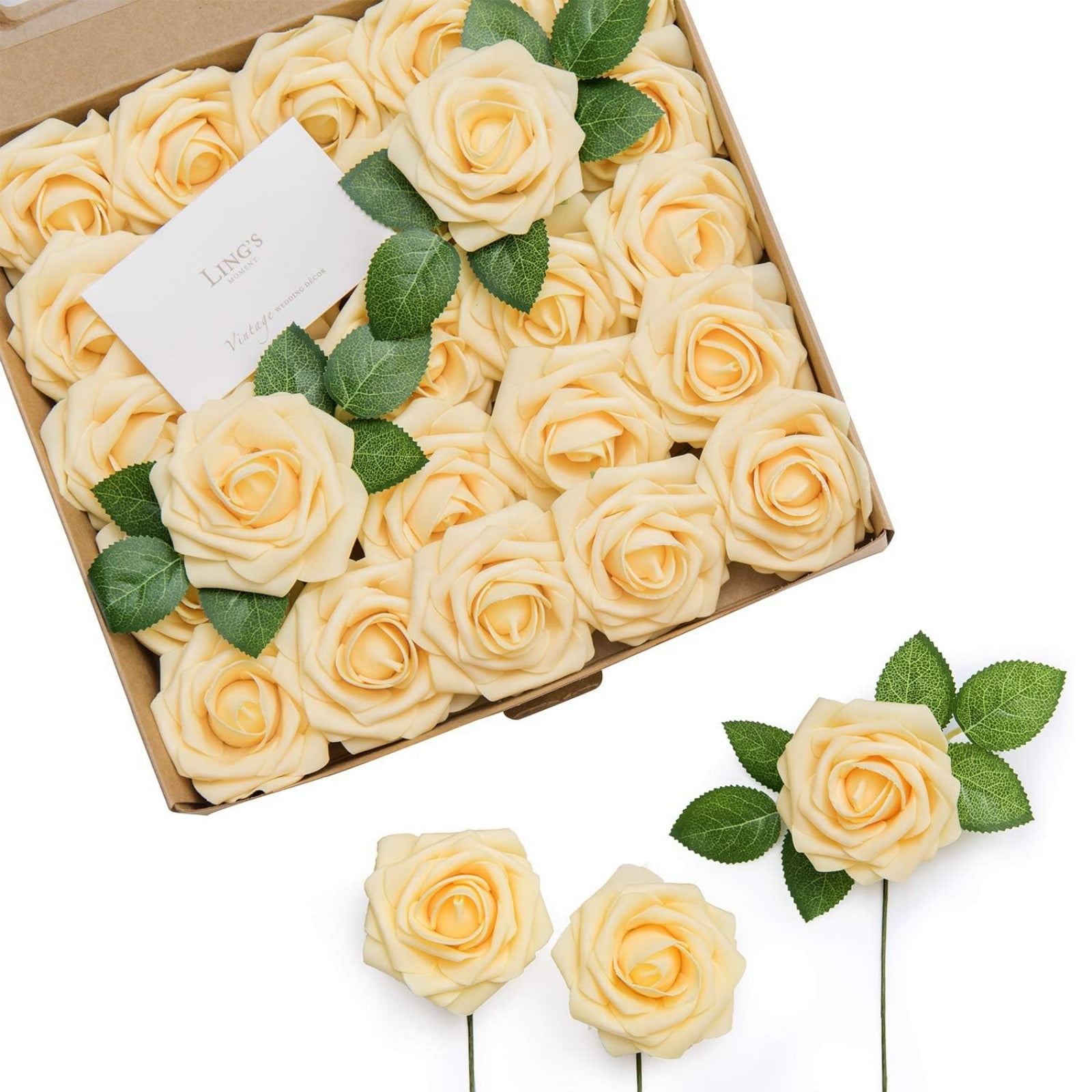 Artificial Flowers 25pcs Real Looking Ivory Foam Fake Roses with Stems ...