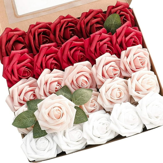 Artificial Flowers 25pcs Real Looking Ivory Foam Fake Roses with Stems for DIY Wedding Bouquets White Bridal Shower Centerpieces Arrangements Party Tables Decorations