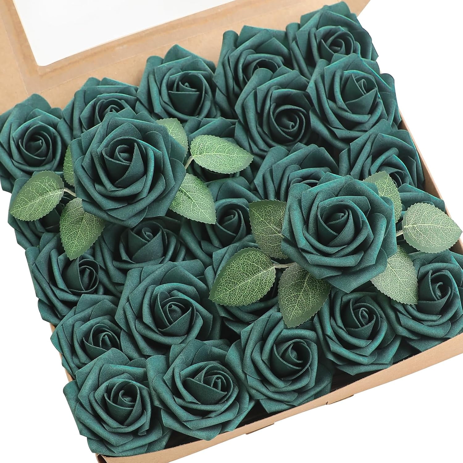 Artificial Flowers 25pcs Real Looking Peacock Green Foam Fake Roses with Stems for DIY Wedding Bouquets Bridal Shower Centerpieces Floral Arrangements Party Tables Home Decorations