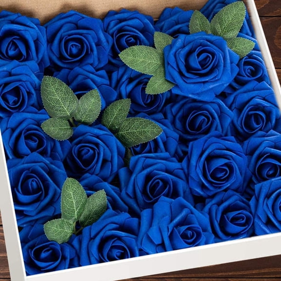Artificial Flowers 25pcs Real Looking Royal Blue Foam Fake Roses with Stems for DIY Wedding Bouquets White Bridal Shower Centerpieces Arrangements Mothers Day Party Tables Decorations