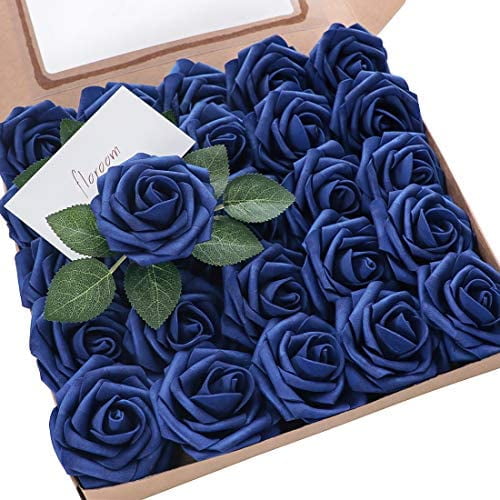 Artificial Flowers 25pcs Real Looking Royal Blue Foam Fake Roses with Stems for DIY Table Centerpieces Party Home Decorations