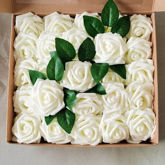 Artificial Flowers 25pcs Real Looking White Fake Roses w/Stem for DIY Wedding Bouquets Centerpieces Bridal Shower Party Home Decorations
