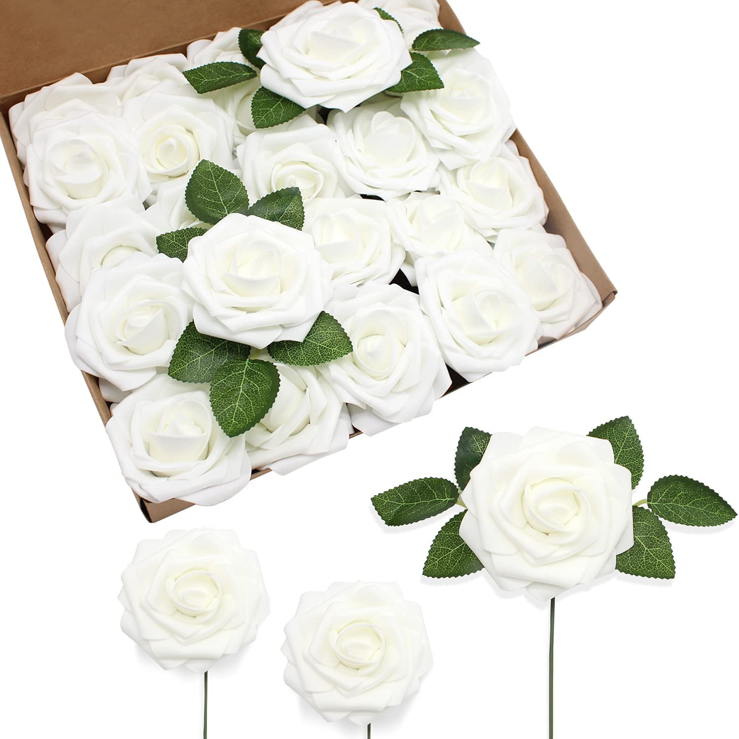 Artificial Flowers 25pcs Real Touch Fake Rose with Stems Foam Roses