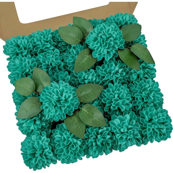 Artificial Flowers, 25pcs Realistic Artificial Rose for DIY Wedding Bouquets Centerpieces Arrangements, Turquoise Green Dahlia Flowers with Stem for Bridal Shower Party Home Decorations