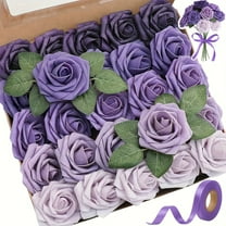 Artificial Flowers 25pcs Realistic Lavender Purple Gradient Foam Fake Roses With Stems For DIY Wedding Bouquet Wedding Flower Decoration Party Table Home Decor