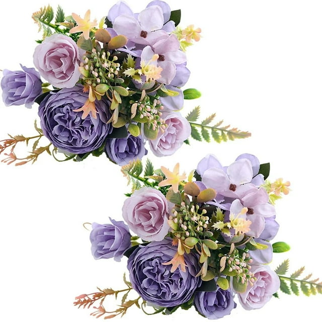 Artificial Flowers, 2Pcs Peony Silk Hydrangea Flower Bouquet Flowers Arrangements Table Centerpieces (Purple)