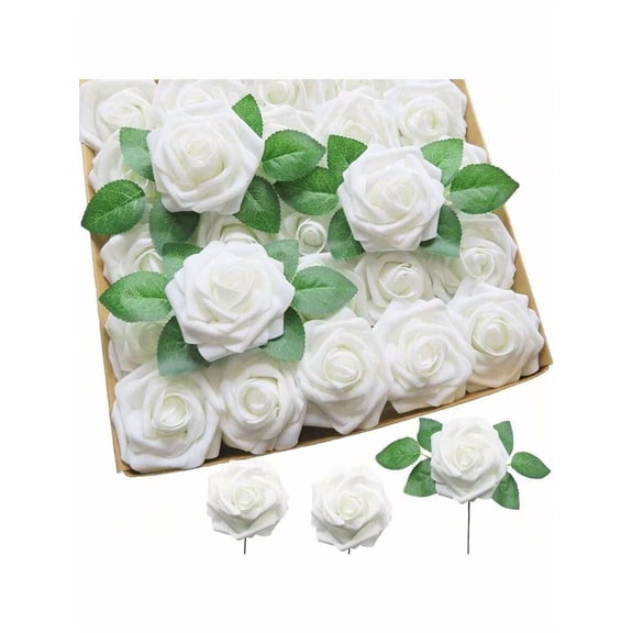 Artificial Flowers  50 Flowers With 12 Leaves  Simulated Ivory Foam Fake Roses With Stems