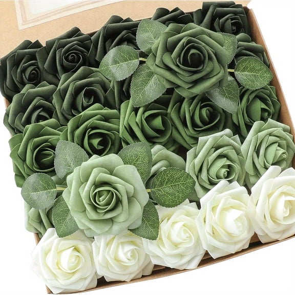 Artificial Flowers 50pcs Real Looking Forest Green Ombre Colors Foam Fake Roses with Stems for DIY Wedding Bouquets Bridal Shower Sage Green Floral Arrangements Decorations, Party Centerpieces Decor