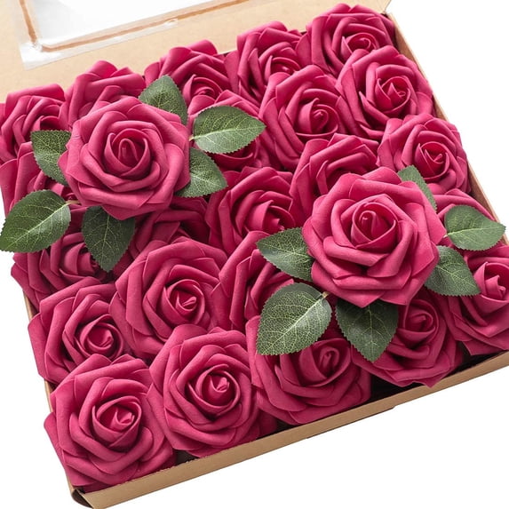 Artificial Flowers 50pcs Real Looking Fuchsia Foam Fake Roses with ...