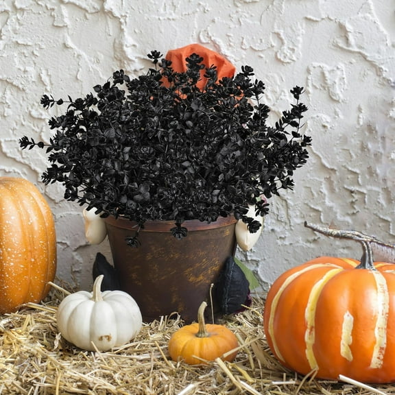 Artificial Flowers, 6 Bundles Black Eucalyptus Artificial Flowers, Outdoor Faux Flowers, No Fade Fake Plastic Plants Flowers, Halloween Flower Decoration, Garden Decor