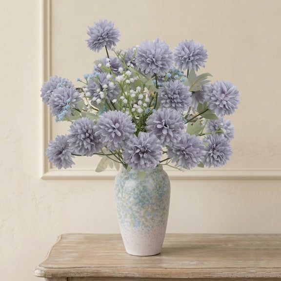 Artificial Flowers 7 Stems Globe Chrysanthemum Bouquet, Bendable Stems Faux Plants for Home Decor, Adjustable Height Silk Flowers Arrangement for Living Room, DIY Vase Decoration(Dusty Blue)