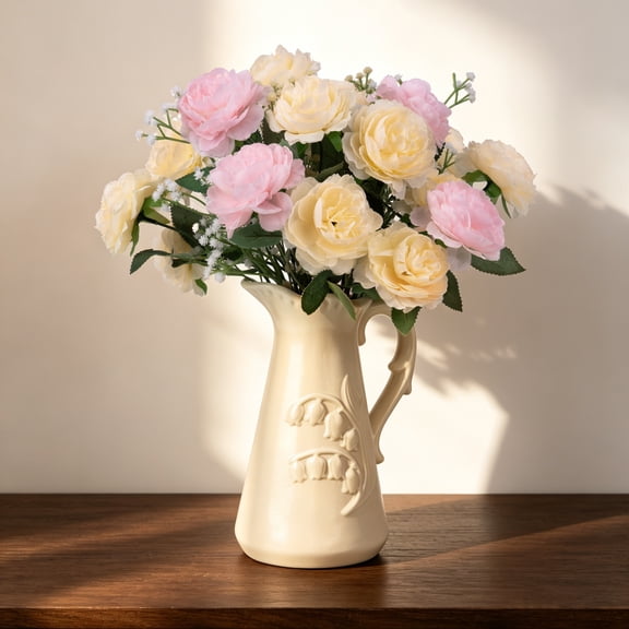 Artificial Flowers 7 Stems Ranunculus Bouquet, Bendable Stems Faux Plants for Home Decor, Adjustable Height Silk Flowers Arrangement for Living Room Centerpiece(Mixed champagne)