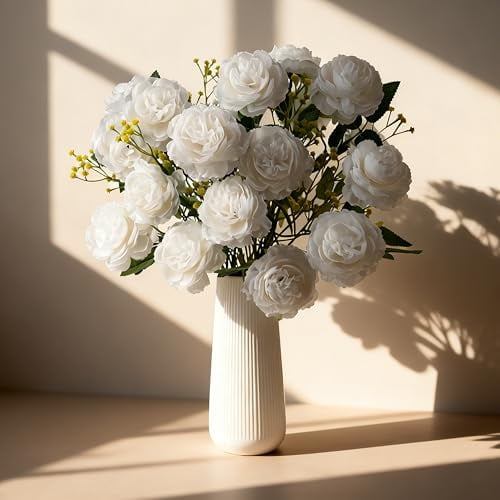 7Pcs Fake Peonies Artificial Flowers,25.6"long stem Faux Ranunculus Flowers + 4 Pcs Baby's Breath, Realistic Silk Wedding Flowers for DIY Bouquet for Home Decor(Cream)