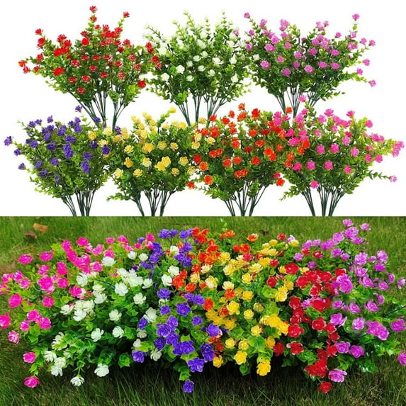 Artificial Flowers 8 Bundles Fake Plants No Fade Faux Plastic Greenery Home Office Wedding Party Decoration Indoor Outdoor Spring Decor Multi-Scenario Decorative Green Leaves Appearance