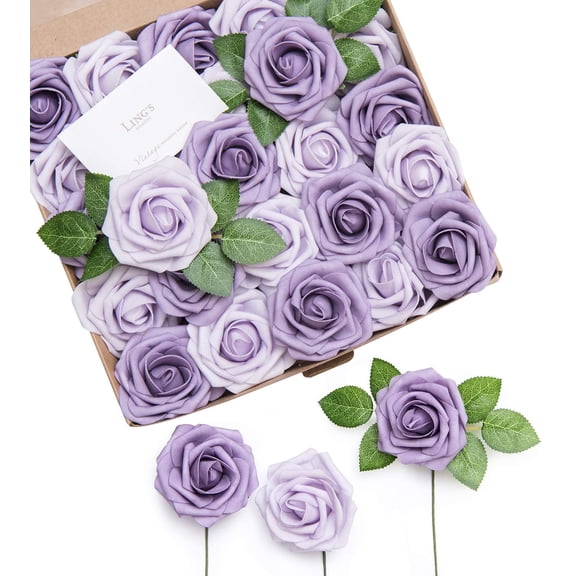 Artificial Flowers African Violet Purple Roses Lavender Roses 25pcs Real Looking Fake Roses w/Stem for DIY Wedding Bouquets Centerpieces Arrangements Party Baby Shower Home Decorations