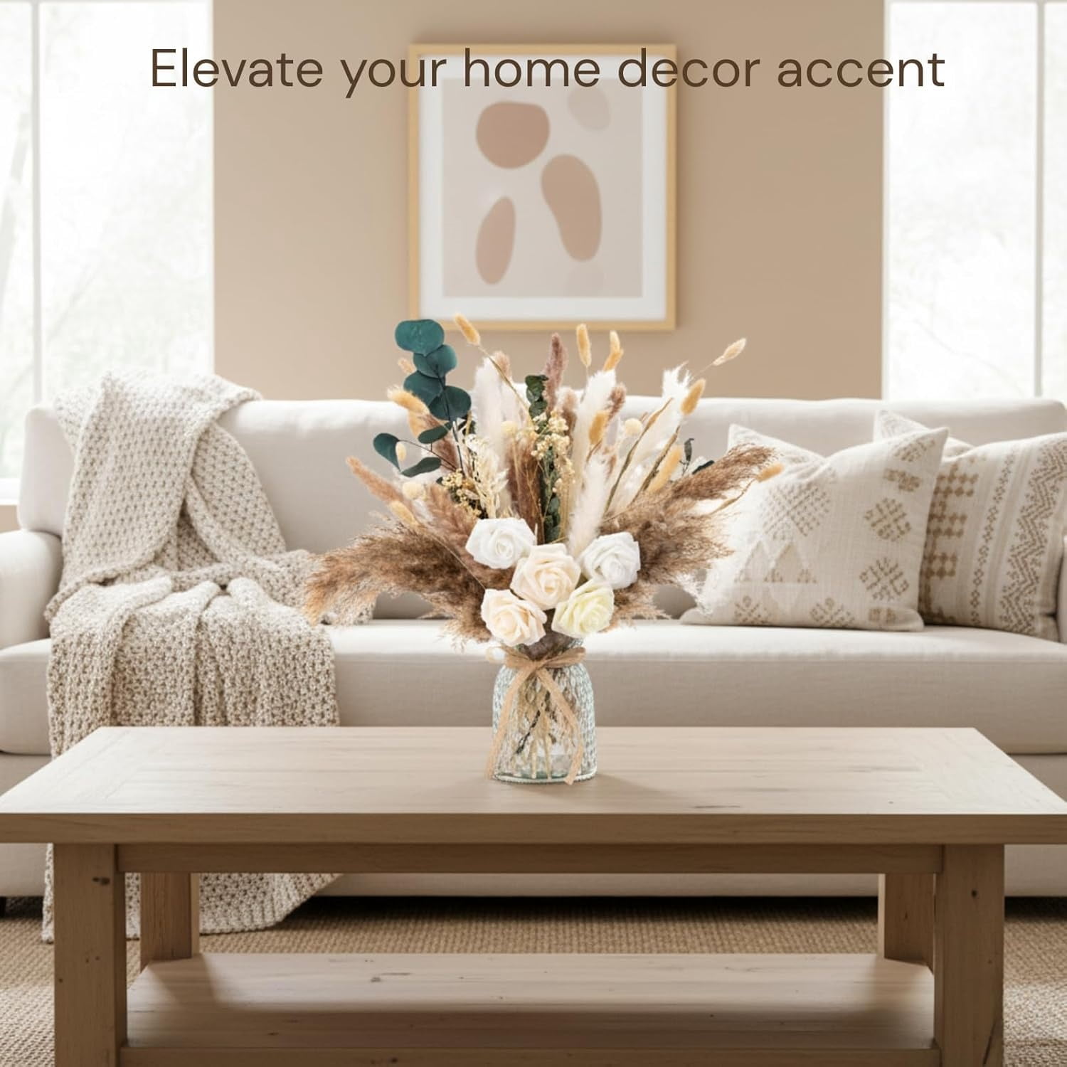 Artificial Flowers Arrangement, Dining Table Centerpiece Decorations, Fake Flowers in Vase, Dried Pampas Grass Floral Centerpieces, Coffee Table Decor