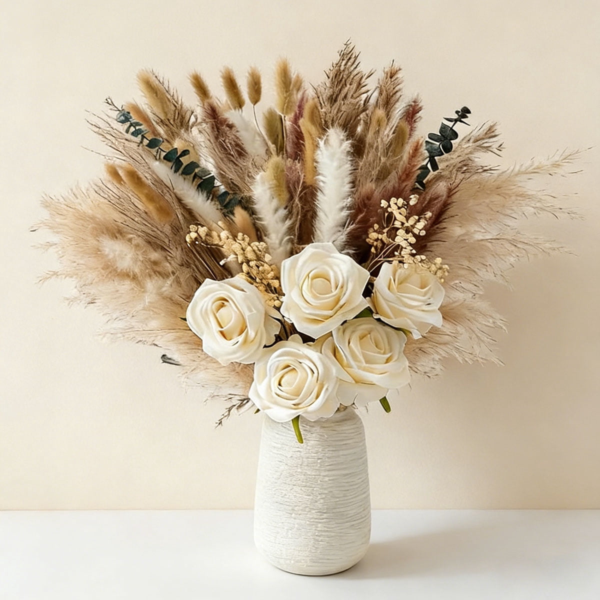 Artificial Flowers Arrangement with Vase, Fake Flowers Silk Roses, Coffee Table Decorations, Boho Dried Pampas Grass, Dining Table Decor, Floral Centerpieces for Tables, Centro de Mesa