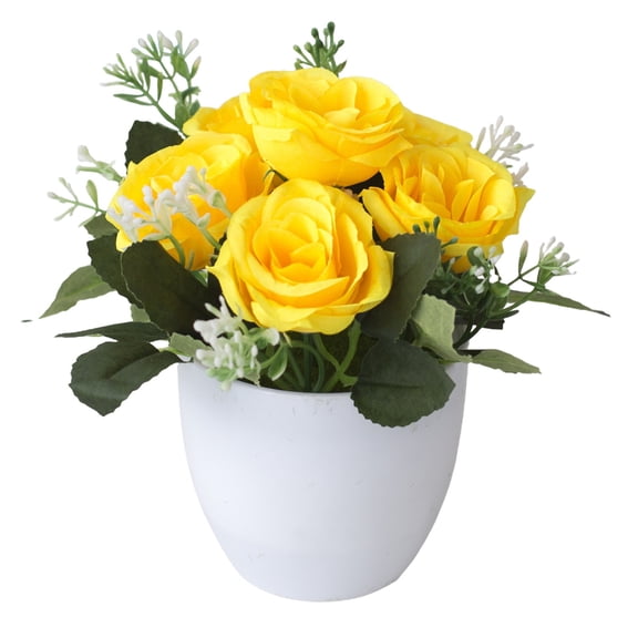 Artificial Flowers Arrangement with Vase Included,Yellow Silk Roses in Pot,Dining Table Centerpiece Decorations,Fake Flowers in Vase,Faux Floral Arrangement for Spring Decor Home Office,1PC,7.8"x3.9"