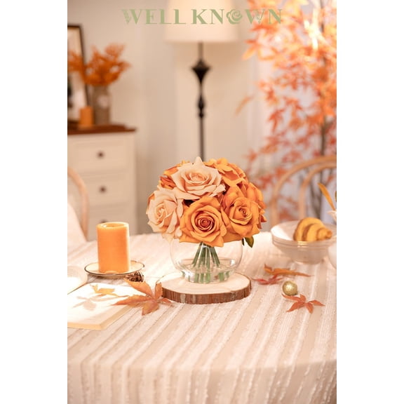 Artificial Flowers Arrangements in Vase with Faux Water, Artificial Orange Silk Rose Bouquet with Vase for Winter Seasonal Home Christmas Wedding Party Centerpieces Decor & Gift (Orange Champagne)