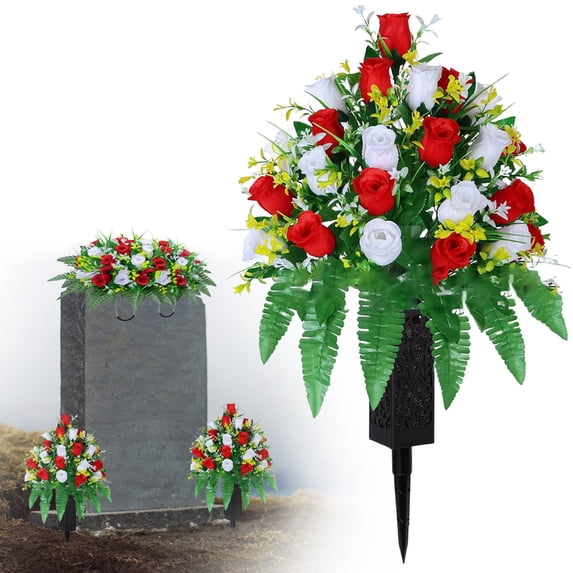 Artificial Flowers,Artificial Cemetery Flowers， Outdoor Decorations Roses，Accompanied By Long Nail Vases。Lasting And Non Colors
