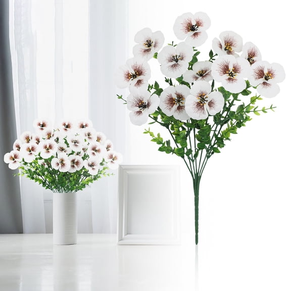 Artificial Flowers Artificial Pansy Bushes Faux Plastic Flower Fake Plants Indoor Outdoor Home Garden Decoration (White)