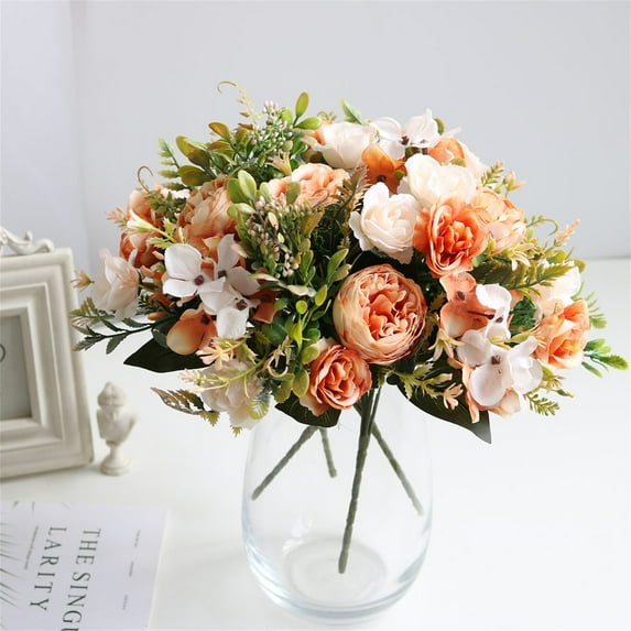 Artificial Flowers Artificial Peony Flower Silk Rose Bride Bouquet Wedding Home Valentine's Day Decor Accessories Gift Fake Plant Hydrangea (Orange)