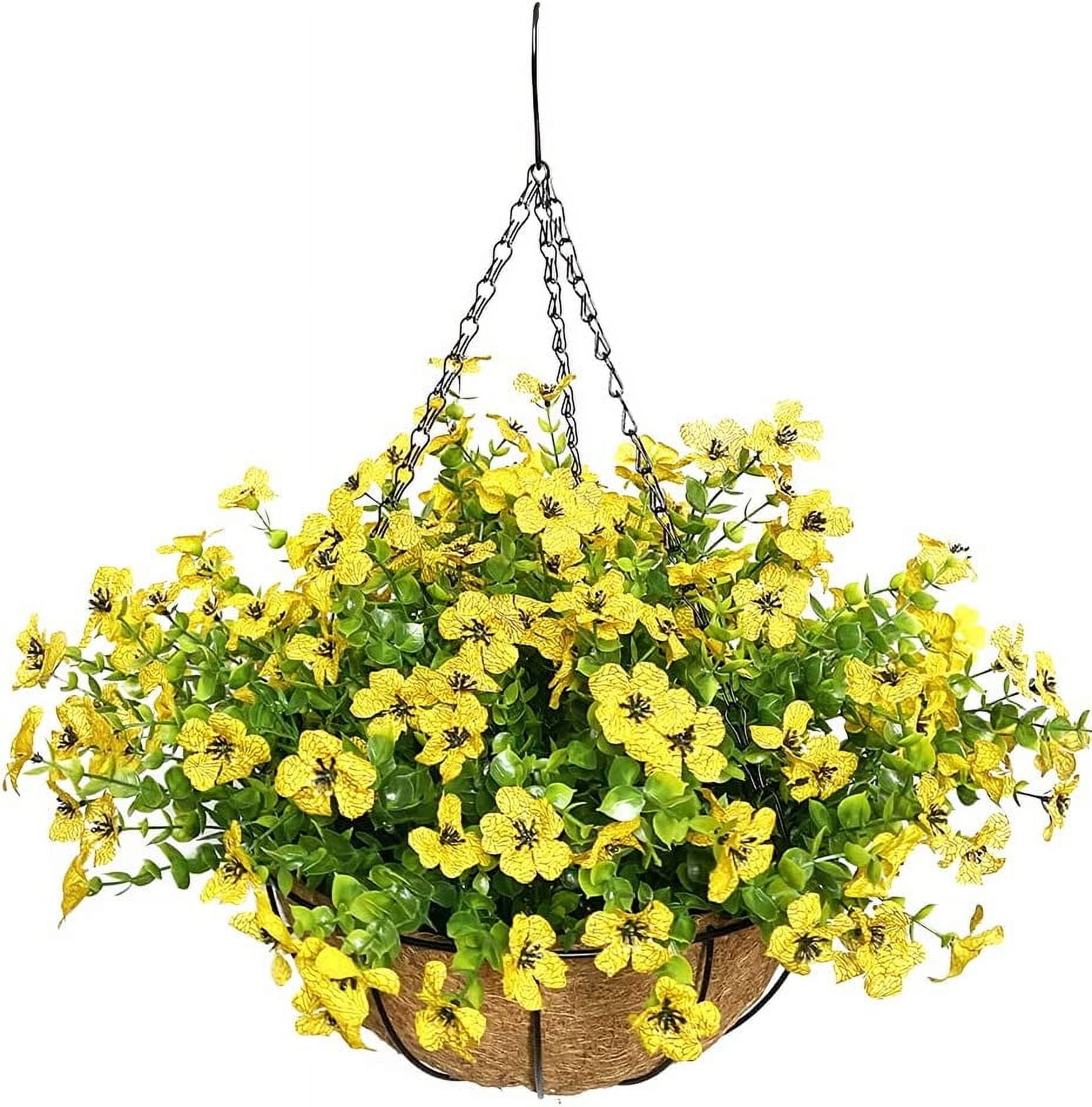 Artificial Flowers in Basket,Artificial Hanging Baskets with Flowers for Outdoor Indoor Courtyard Decor,12 inch Coconut Lining Basket for Patio Garden Porch Deck Decoration
