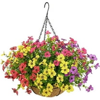 Artificial Flowers in Basket,Artificial Hanging Baskets with Flowers for Outdoor Indoor Courtyard Decor,12 inch Coconut Lining Basket for Patio Garden Porch Deck Decoration