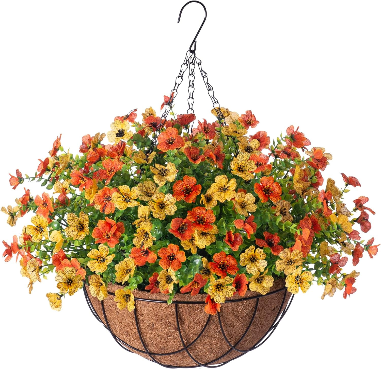 Artificial Flowers in Basket,Artificial Hanging Baskets with Flowers for Outdoors Indoors Courtyard Decor,Coconut Lining Basket for Patio Garden Porch Deck Decoration