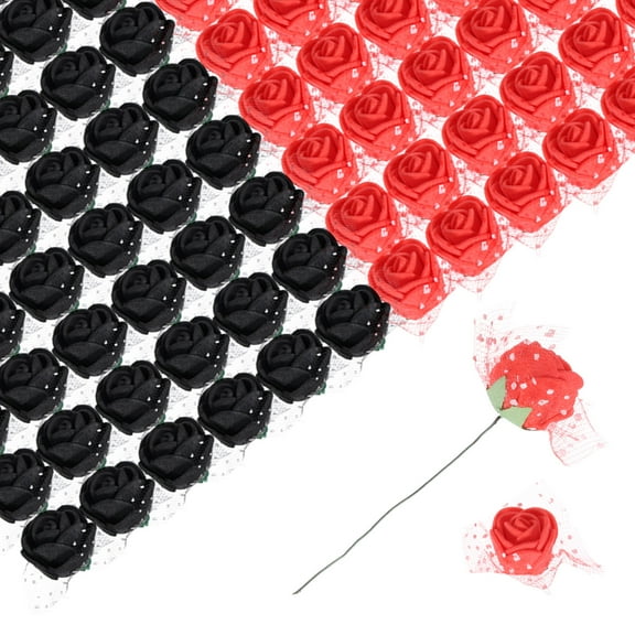 Artificial Flowers, Black and Red Fake Roses with Lace for DIY Wedding Decor Bridal Valentines Day 144Pcs