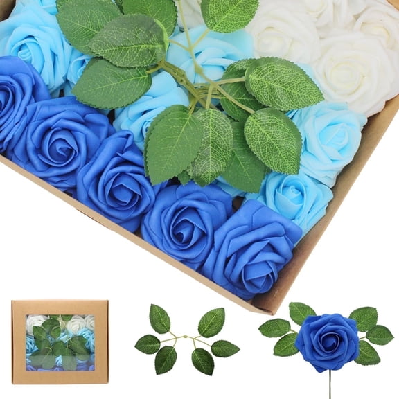 Artificial Flowers Blue Series Roses 25PCS Real Looking Foam Fake Roses with Leaves for DIY Wedding Bouquets Bridal Shower Party Decorations