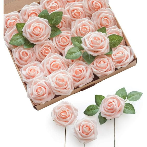 Artificial Flowers Blush Roses 25pcs Real Looking Fake Roses w/Stem for DIY Wedding Bouquets Centerpieces Bridal Shower Party Home Decorations