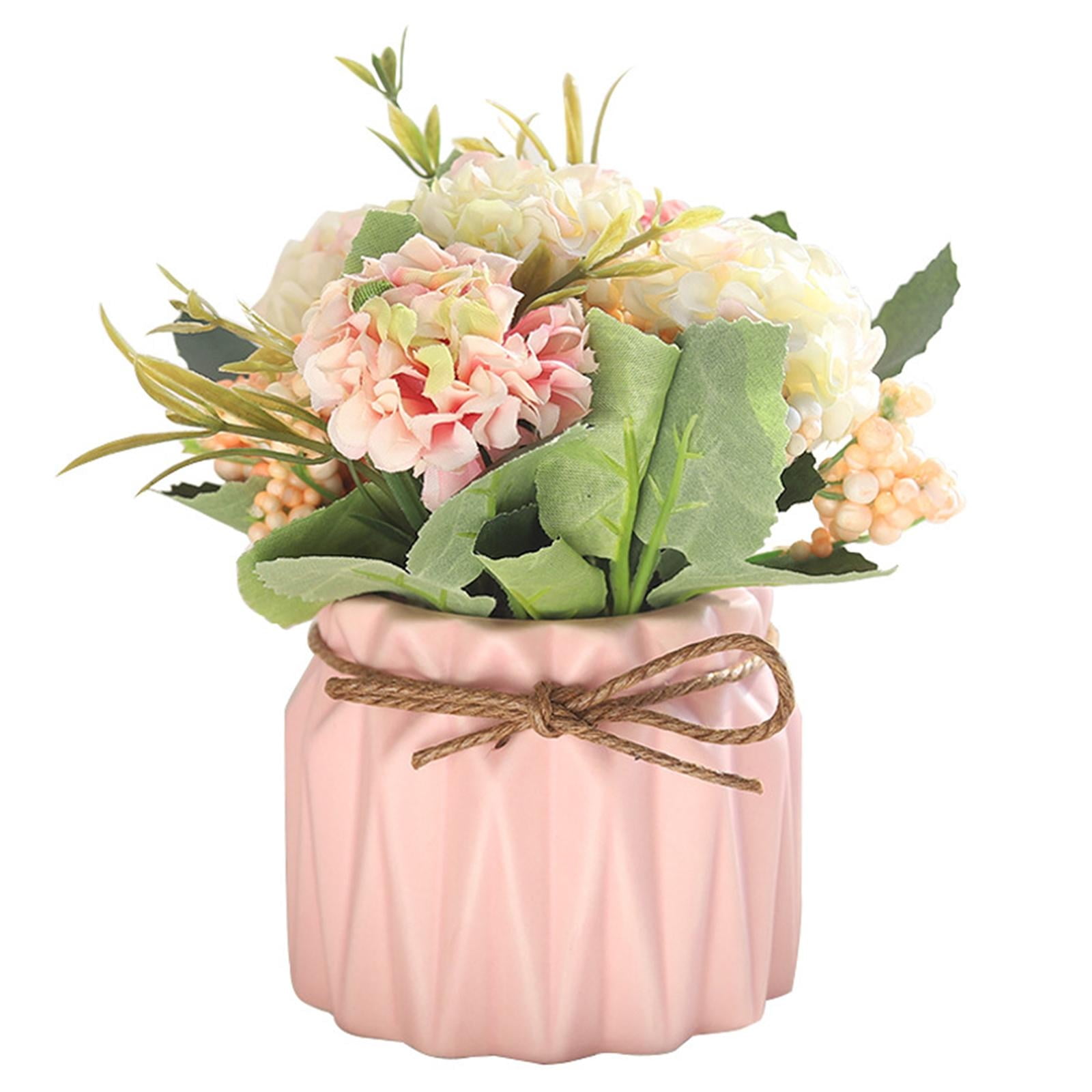Artificial Flowers Bonsai, Artificial Plants Hydrangea Flowers in Ceramic Vase Pink