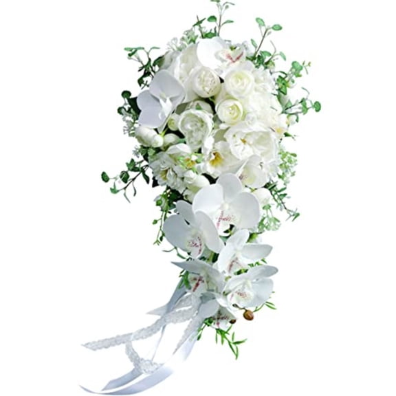 Artificial Flowers Bouquet for BrideWater Drop Waterfall Bridal Wedding Bouquets for Ceremony Anniversary Bridal Shower Party Wedding Decoration White Phalaenopsis
