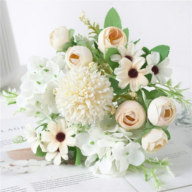Artificial Flowers Bouquet Fake Peony Silk Hydrangea Wildflowers Arrangements with Stems for Wedding Home Centerpieces Decor (Light Yellow)