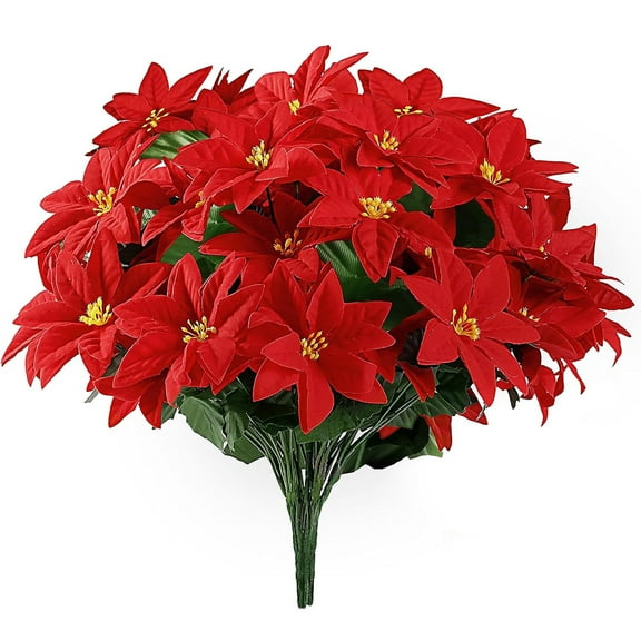 Artificial Flowers Bouquet for Spring Decorations , 7 Heads 5 Pack Poinsettia Flowers, Red Fake Poinsettia Silk Floral Arrangements for Porch Home Garden Indoor Outdoor Holiday Decorations (Red)