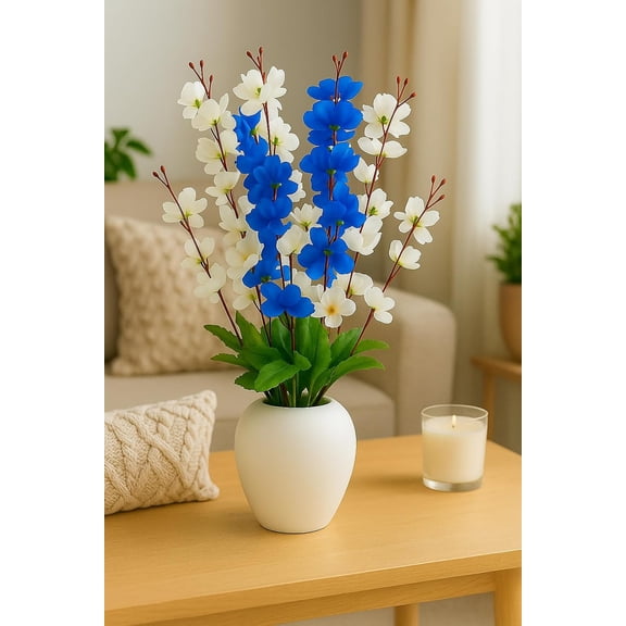 Artificial Flowers Bunch With Pot For Decoration For Table Top, Blue & White - 45 Cm | For Home Dcor, Office Dcor, Cherry Blossom Flowers, Combo | Elegant & Lifelike Design - 1 Piece