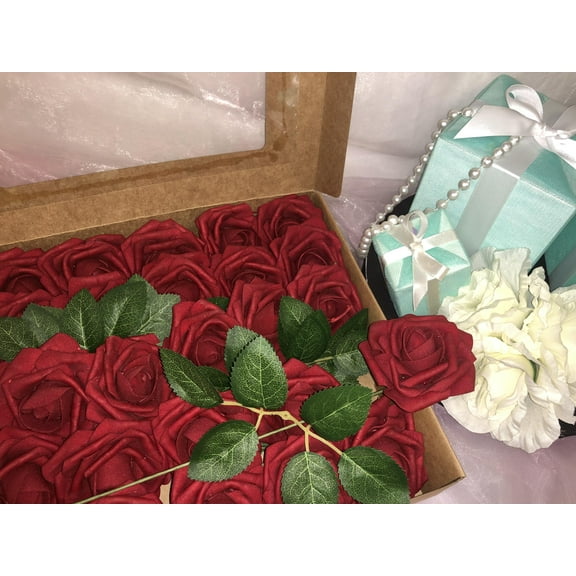 Artificial Flowers Burgandy Roses 25pcs Real Looking Fake W/Stem Rose Head Wedding