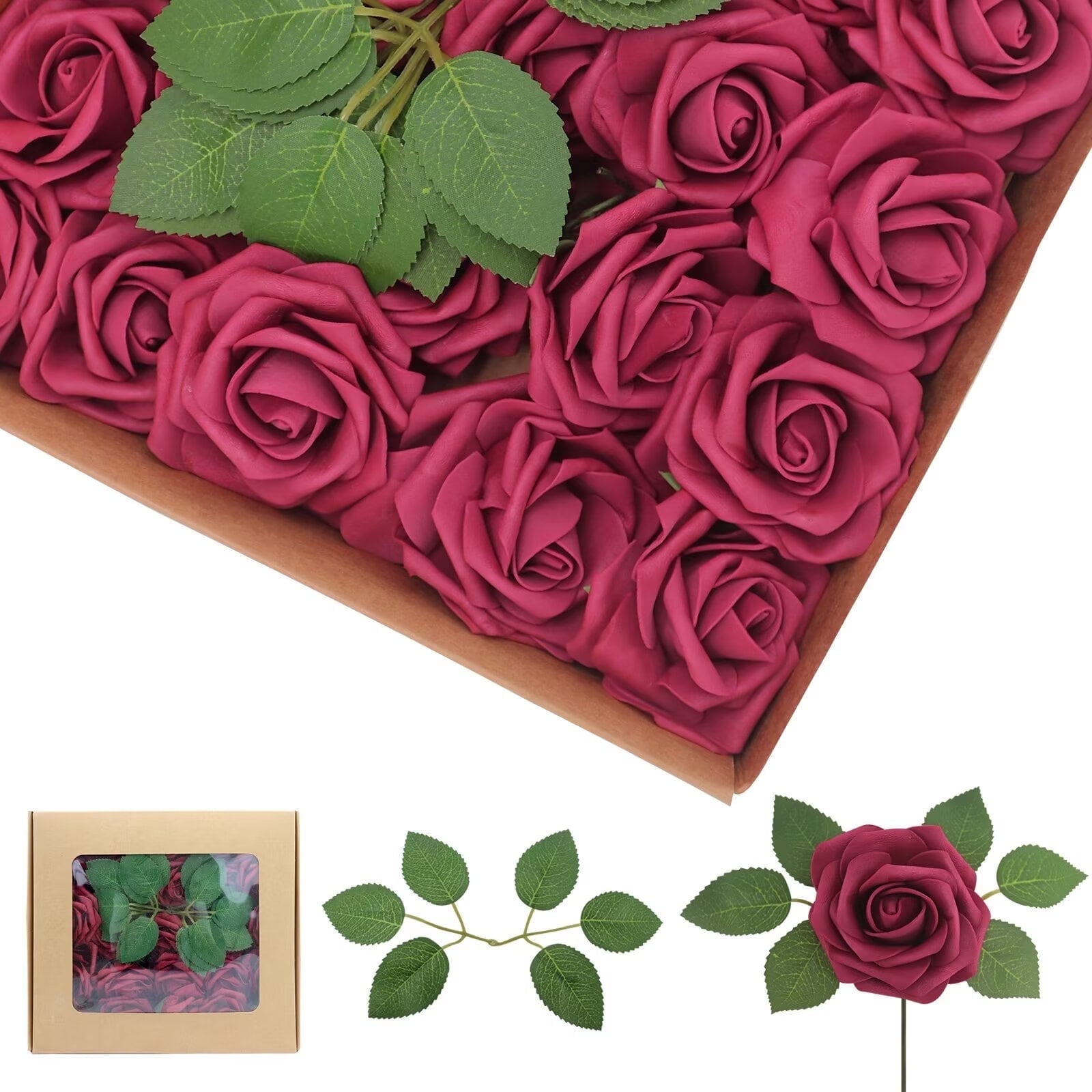 Artificial Flowers Burgundy Roses 25PCS Real Looking Foam Fake Roses ...