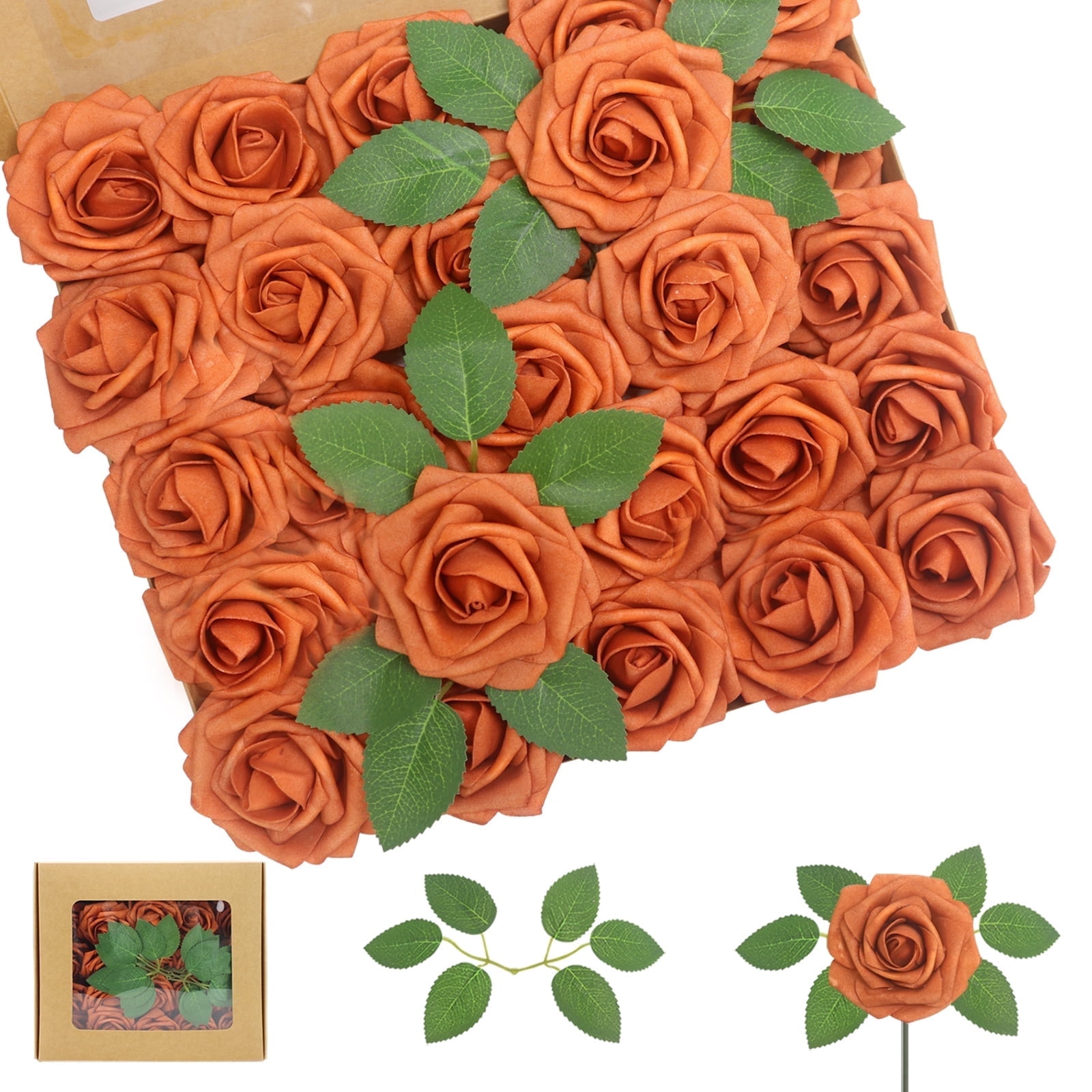 Artificial Flowers Burnt Orange Roses 25PCS Real Looking Foam Fake ...