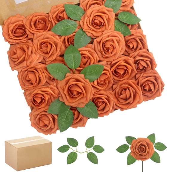 Artificial Flowers Burnt Orange Roses 50PCS Real Looking Foam Fake Roses with Leaves for DIY Wedding Bouquets Bridal Shower Party Decorations