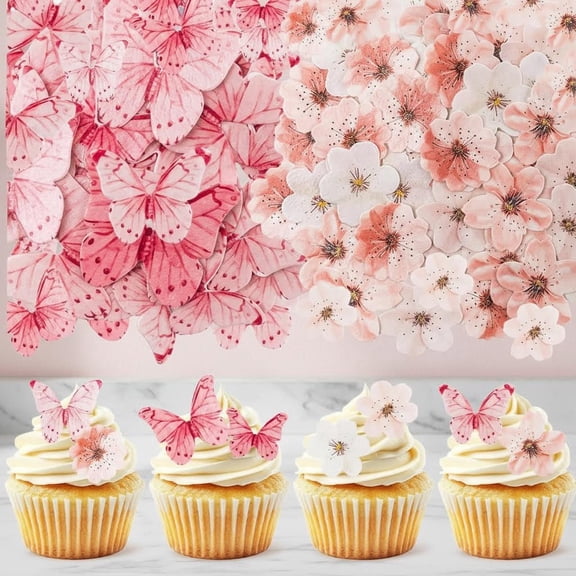 Artificial Flowers Butterfly Cupcake Toppers, Cherry Blossom Cake Topper Wafer Paper Butterfly Flower for Cake Food Decorations