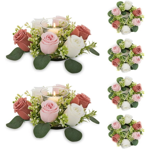 Artificial Flowers Candle Rings - 6 Pcs 14 inch Diam Large White Fake Roses Wreath Wedding Centerpieces for Tables Spring Summer Wreath for Front Door Weddings Party Ceremony Bouquet Decor