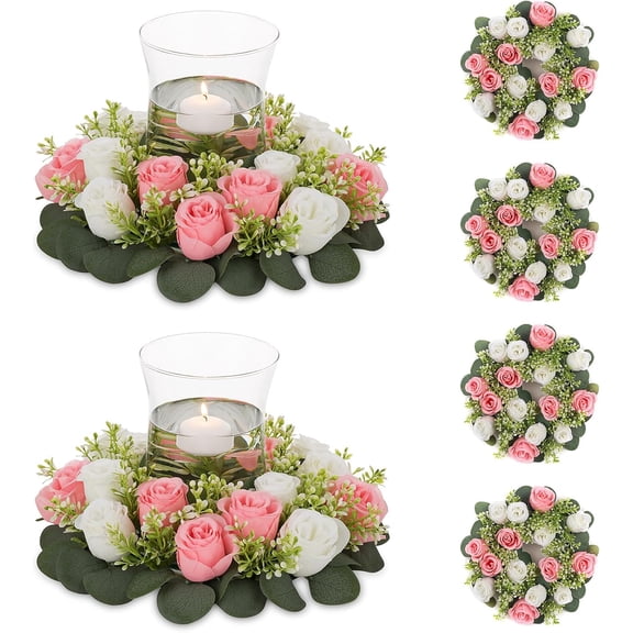 Artificial Flowers Candle Rings - 6 Pcs 14 inch Diam Large White Fake Roses Wreath Wedding Centerpieces for Tables Spring Summer Wreath for Front Door Weddings Party Ceremony Bouquet Decor